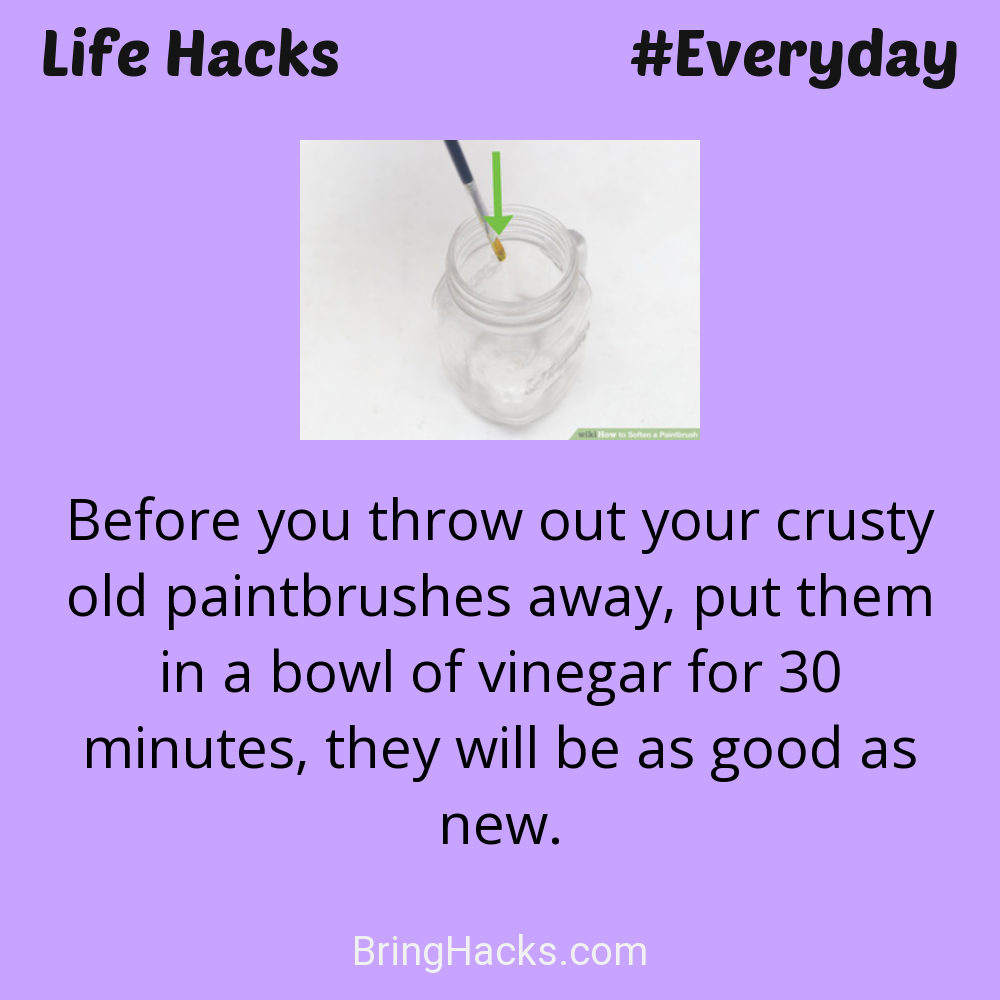 Life Hacks: - Before you throw out your crusty old paintbrushes away, put them in a bowl of vinegar for 30 minutes, they will be as good as new.