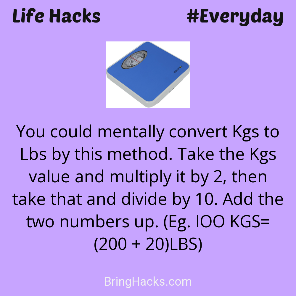 Life Hacks: - You could mentally convert Kgs to Lbs by this method. Take the Kgs value and multiply it by 2, then take that and divide by 10. Add the two numbers up. (Eg. IOO KGS= (200 + 20)LBS)