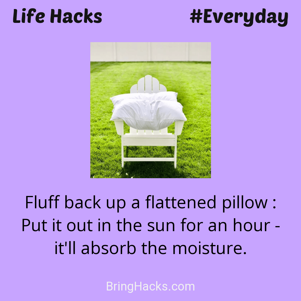 Life Hacks: - Fluff back up a flattened pillow : Put it out in the sun for an hour - it'll absorb the moisture.