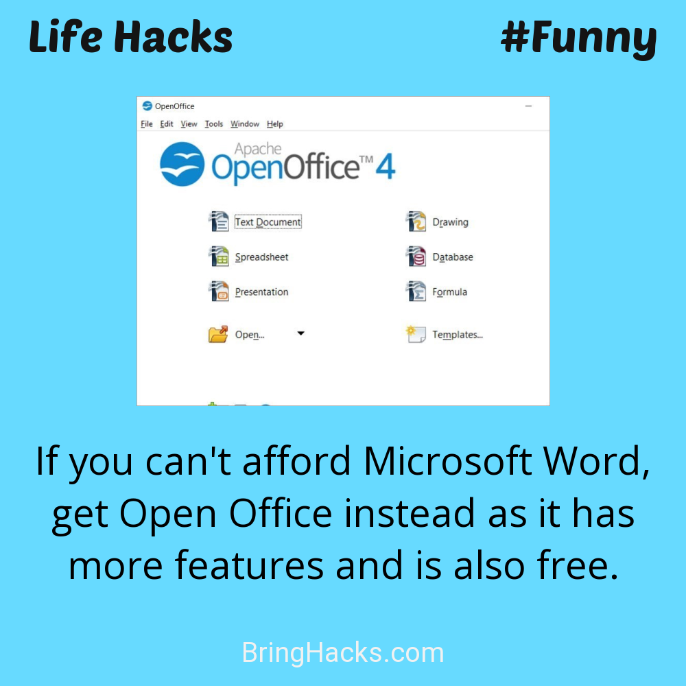 Life Hacks: - If you can't afford Microsoft Word, get Open Office instead as it has more features and is also free.
