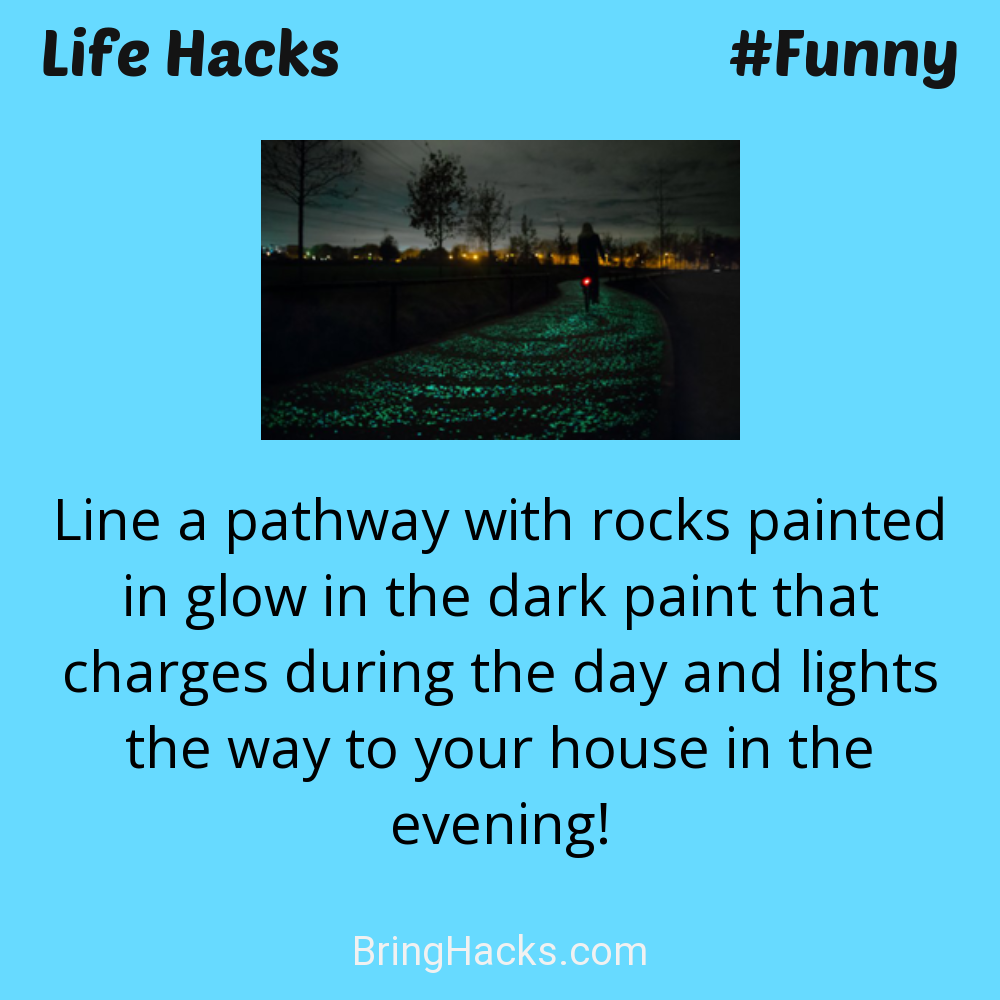 Life Hacks: - Line a pathway with rocks painted in glow in the dark paint that charges during the day and lights the way to your house in the evening!