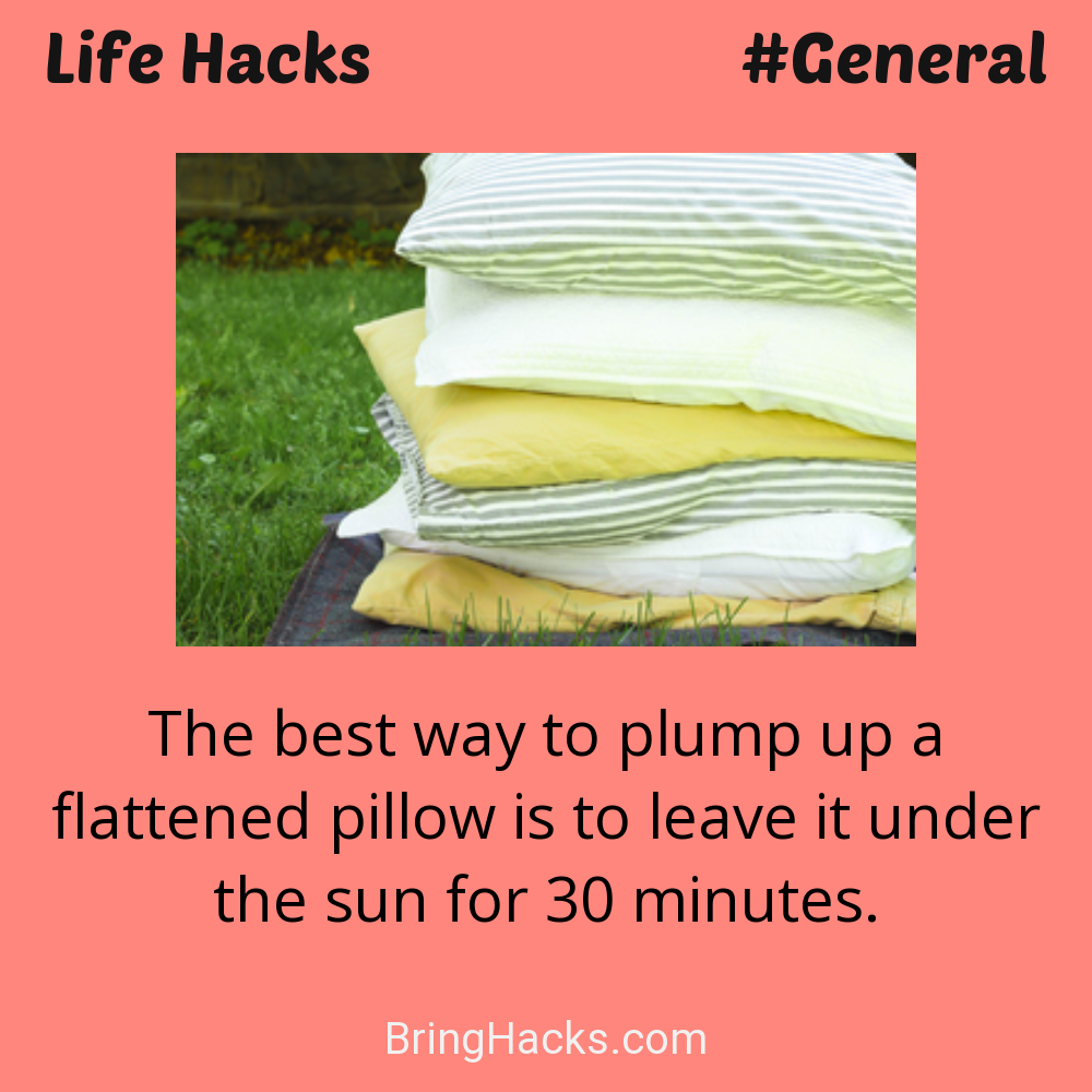 Life Hacks: - The best way to plump up a flattened pillow is to leave it under the sun for 30 minutes.