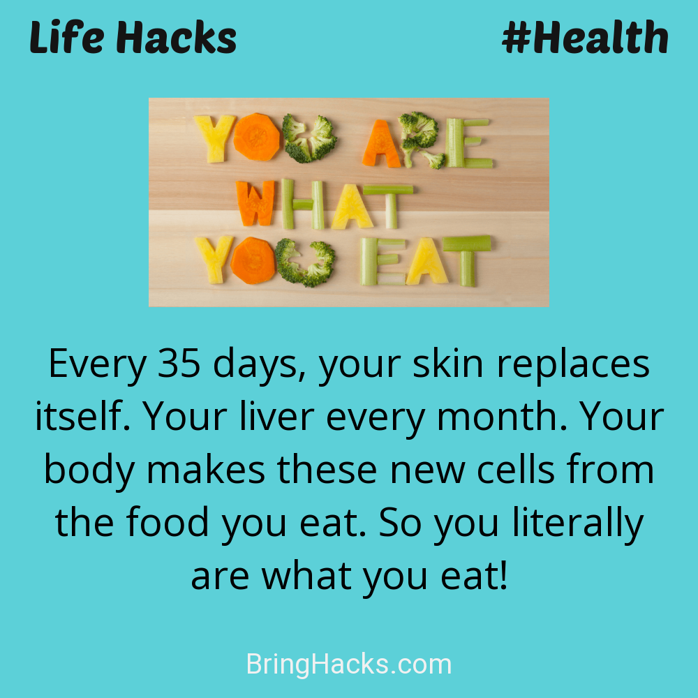 Life Hacks: - Every 35 days, your skin replaces itself. Your liver every month. Your body makes these new cells from the food you eat. So you literally are what you eat!