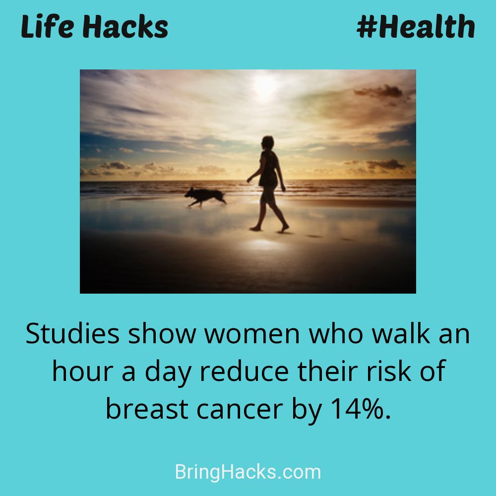 Life Hacks: - Studies show women who walk an hour a day reduce their risk of breast cancer by 14%.