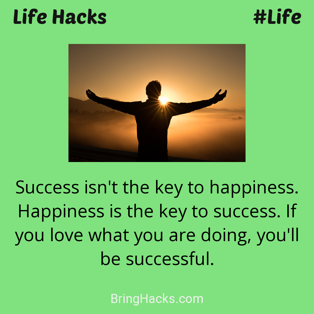 Life Hacks: - Success isn't the key to happiness. Happiness is the key to success. If you love what you are doing, you'll be successful.