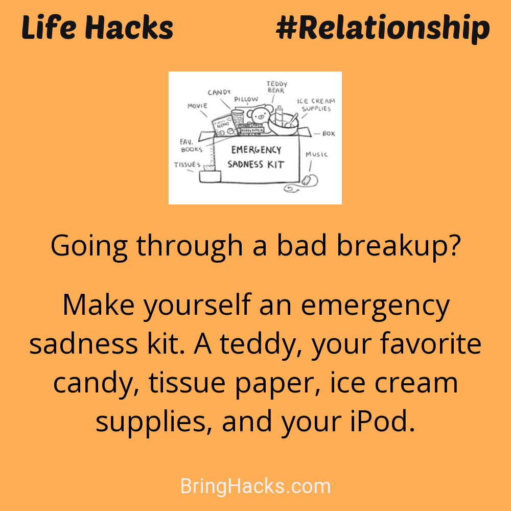 Life Hacks: - Going through a bad breakup?
Make yourself an emergency sadness kit. A teddy, your favorite candy, tissue paper, ice cream supplies, and your iPod.
