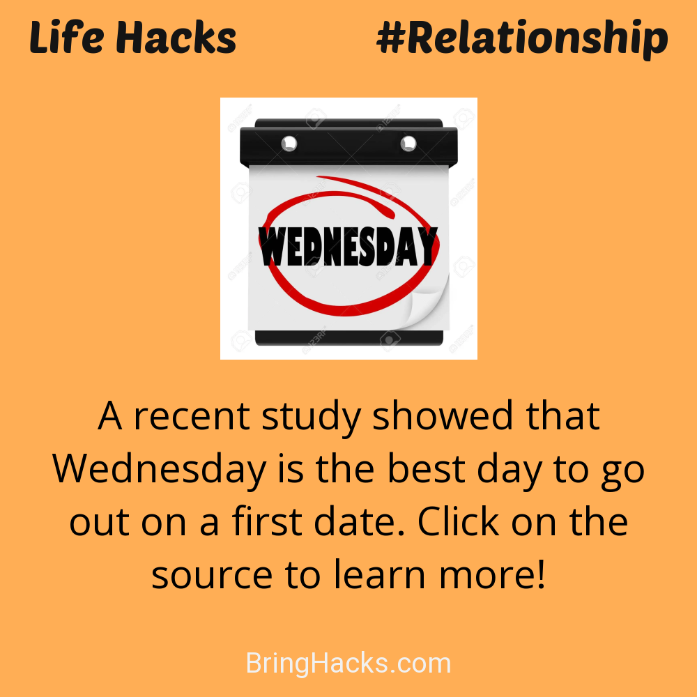 Life Hacks: - A recent study showed that Wednesday is the best day to go out on a first date. Click on the source to learn more!