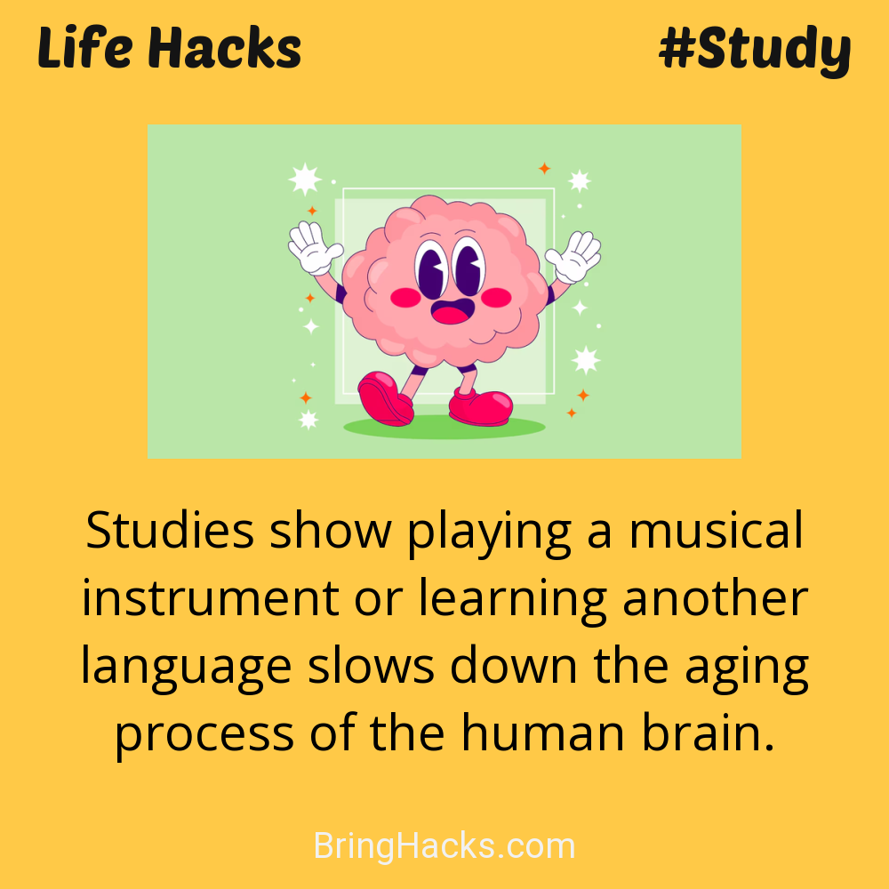 Life Hacks: - Studies show playing a musical instrument or learning another language slows down the aging process of the human brain.