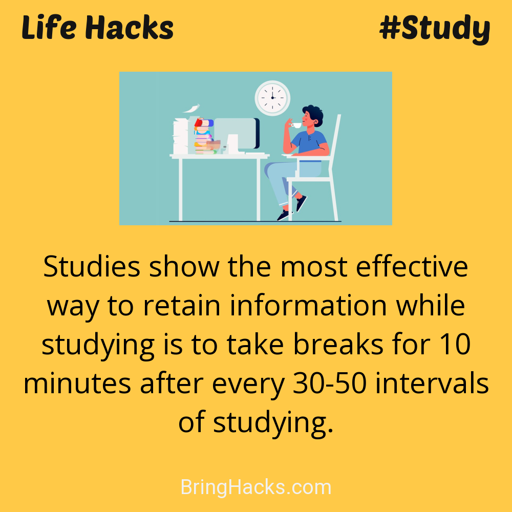 Life Hacks: - Studies show the most effective way to retain information while studying is to take breaks for 10 minutes after every 30-50 intervals of studying.