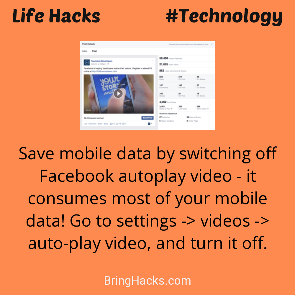 Life Hacks: - Save mobile data by switching off Facebook autoplay video - it consumes most of your mobile data! Go to settings -> videos -> auto-play video, and turn it off.