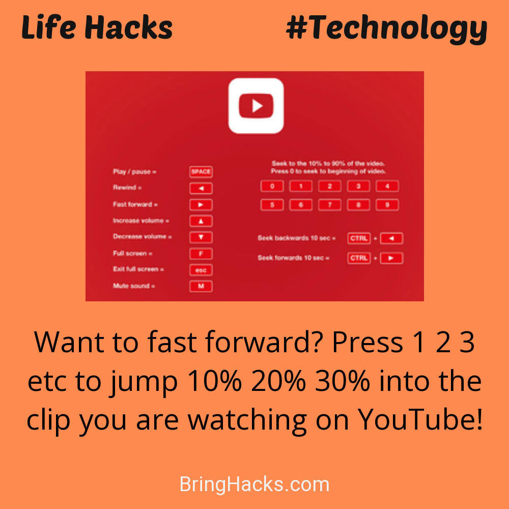 Life Hacks: - Want to fast forward? Press 1 2 3 etc to jump 10% 20% 30% into the clip you are watching on YouTube!